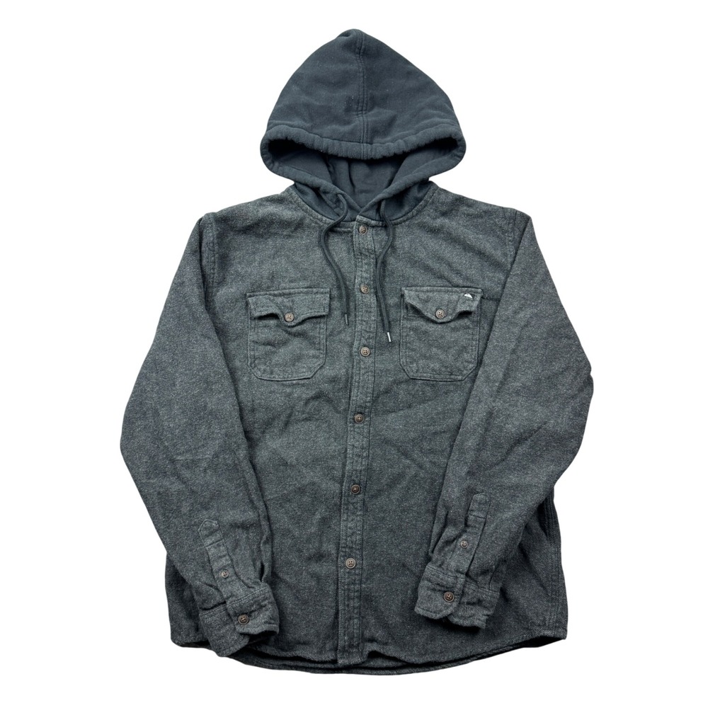 Quiksilver Men Medium Hooded Flannel Shirt Grey Button Down Hoodie Skater Surfer